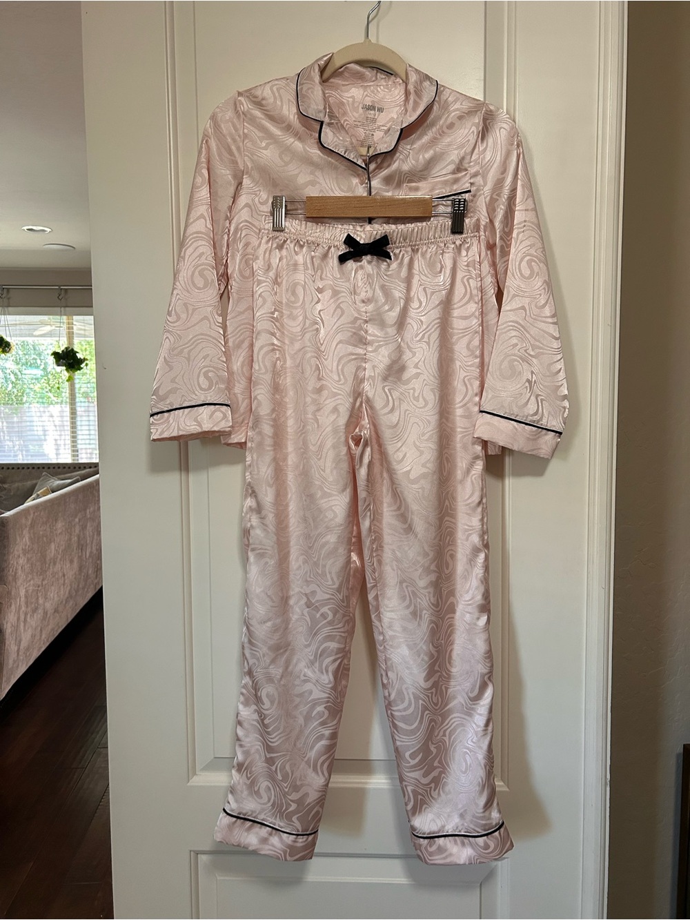 Jason Wu Pink Satin Swirl Pajama Set with Black Trim